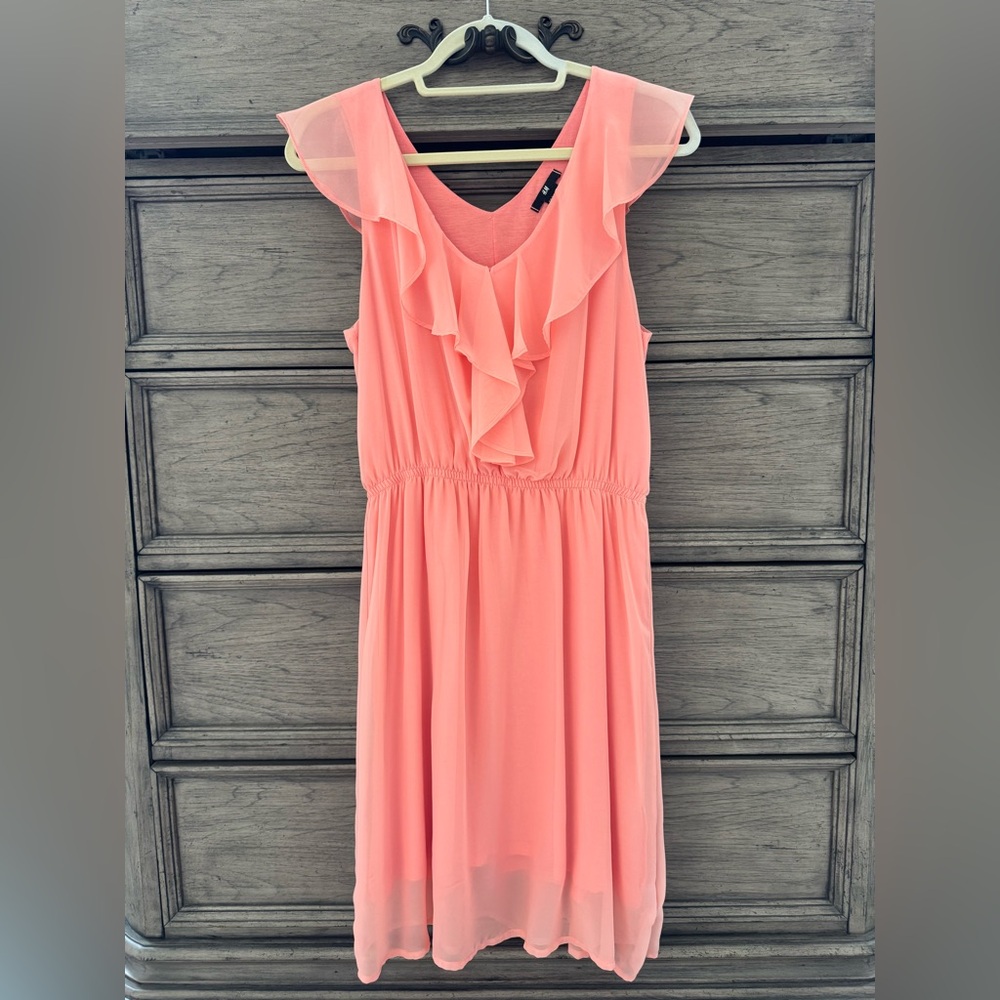 H&M Ruffle Chiffon Dress EUC Sleeveless Flowy Flutter Coral Pink Peach Orange